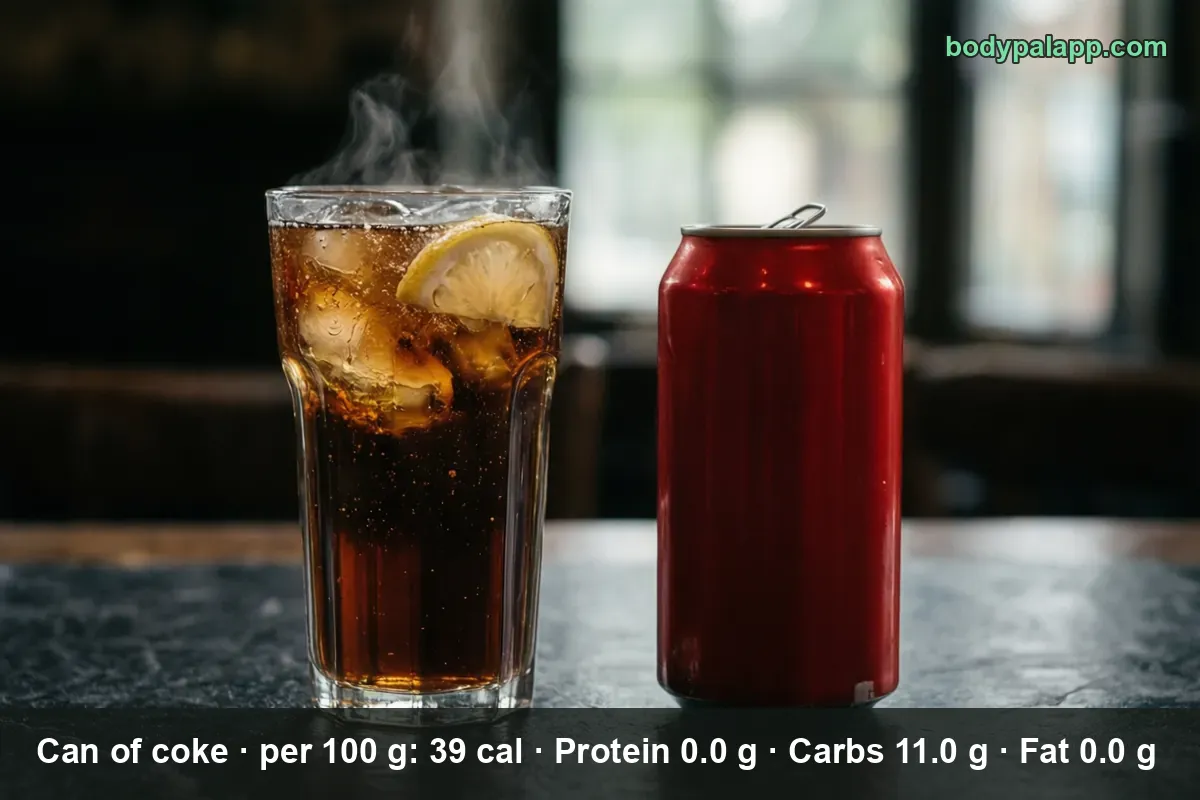 Glass of cola with ice and a lemon slice beside a plain red can