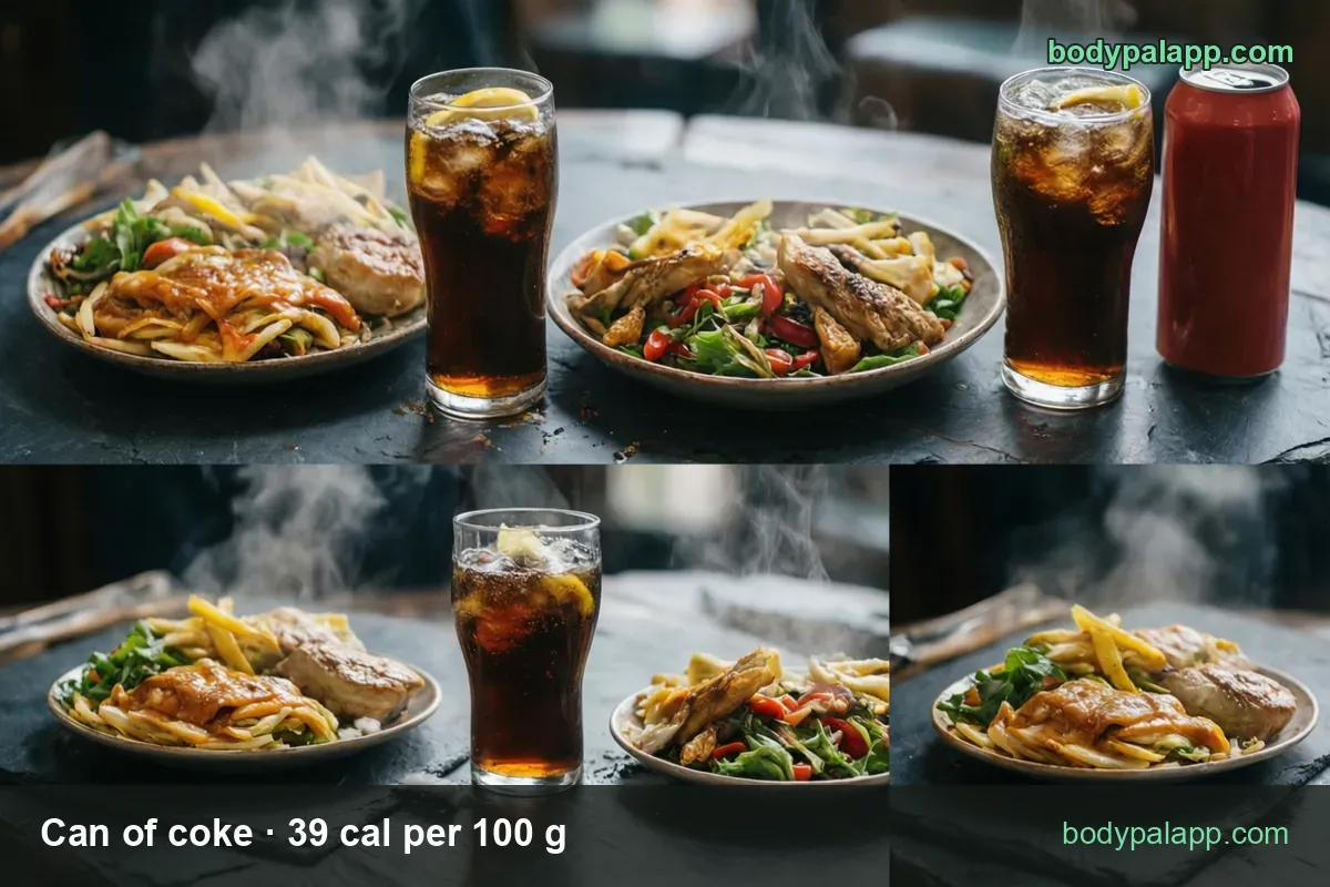Glass of cola with ice and lemon next to a plain red can, marked 1 can (355 g) 138 cal and 1 glass 8 fl oz (240 g) 94 cal