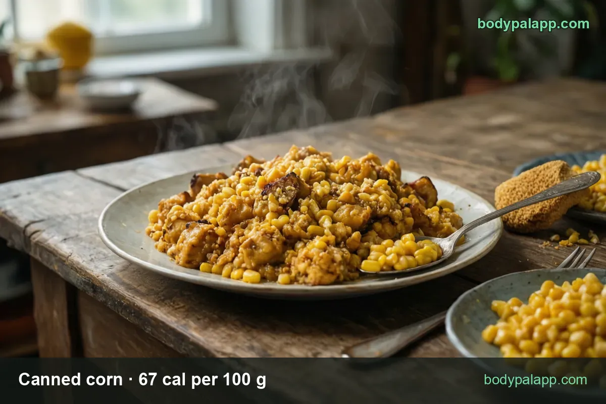 Plate of corn kernels with toasted pieces and a spoon, a small bowl of plain corn and cornbread; 1 cup 111 cal, 1/2 cup 55 cal