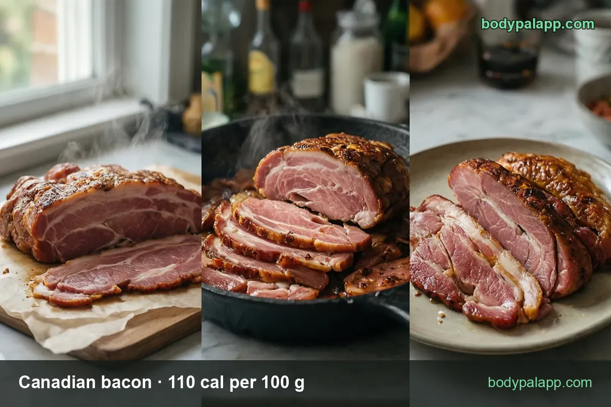 Canadian bacon slices in a pan with serving labels 2 slices 57 g 63 cal and 3 oz 85 g 94 cal