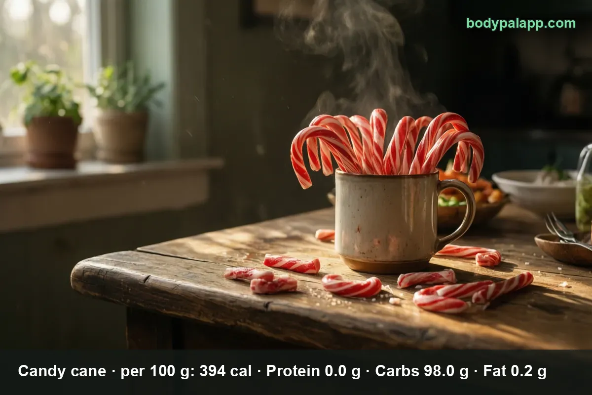 Six red and white peppermint candy canes standing in a cup, with about seven broken candy cane pieces beside them.