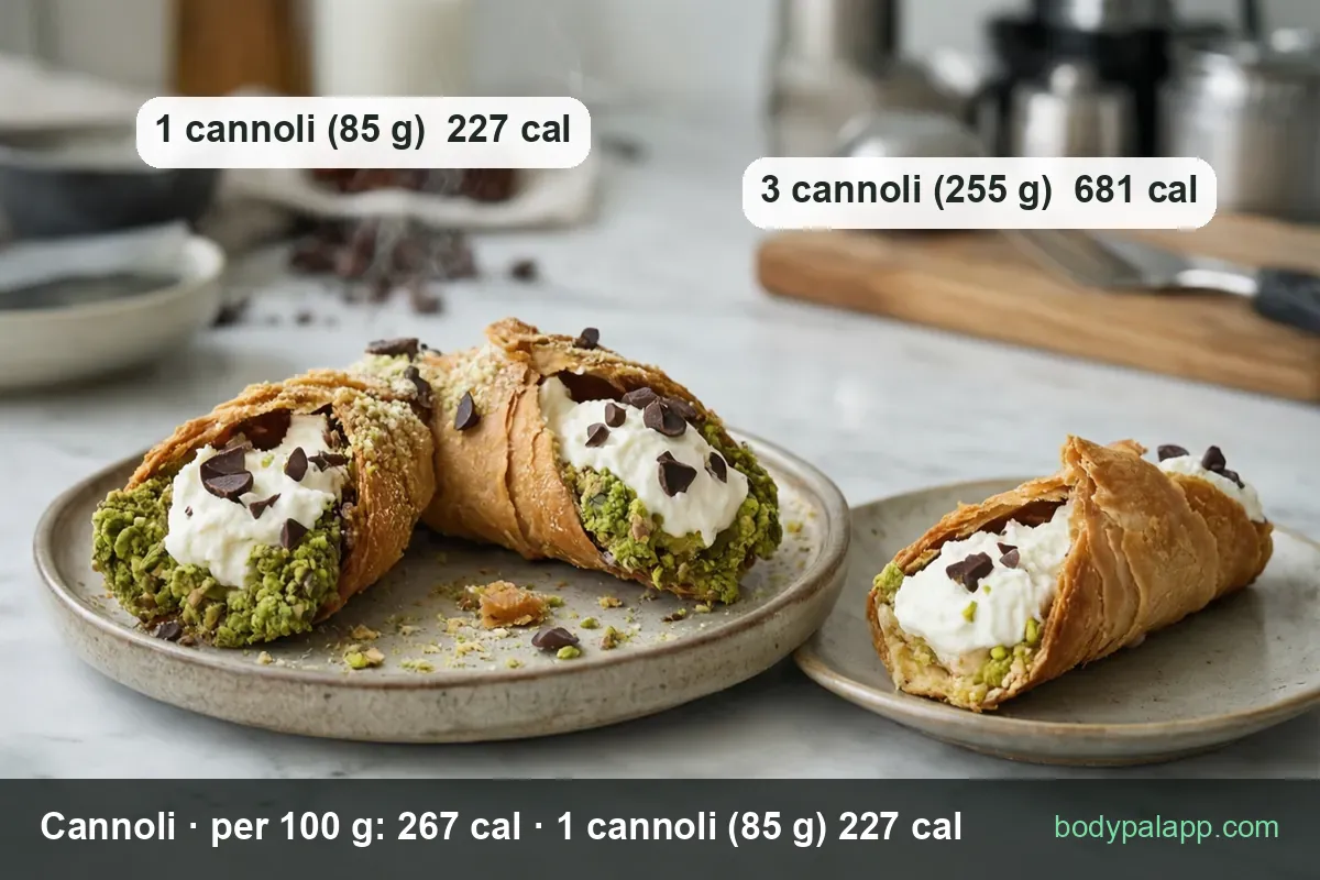Three cannoli with ricotta cream, pistachios and chocolate: 1 cannoli (85 g) 227 cal and 3 cannoli (255 g) 681 cal.