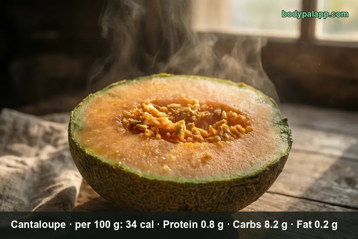 Half a fresh cantaloupe melon with seeds in the center, cut side up.
