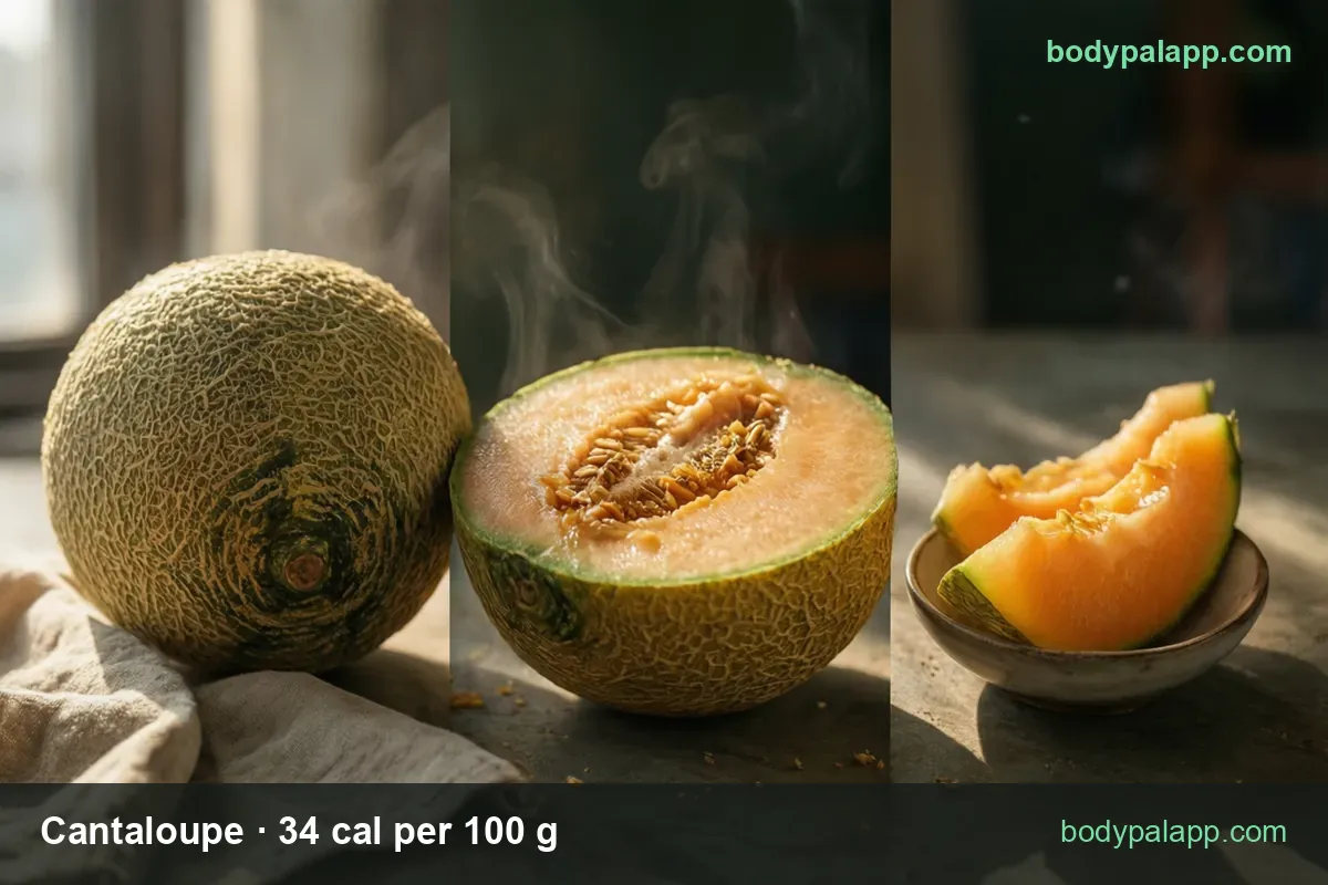 Whole cantaloupe on a towel, a seeded half and two melon wedges in a bowl, labeled 1 wedge 102 g and 1 cup cubes 160 g.