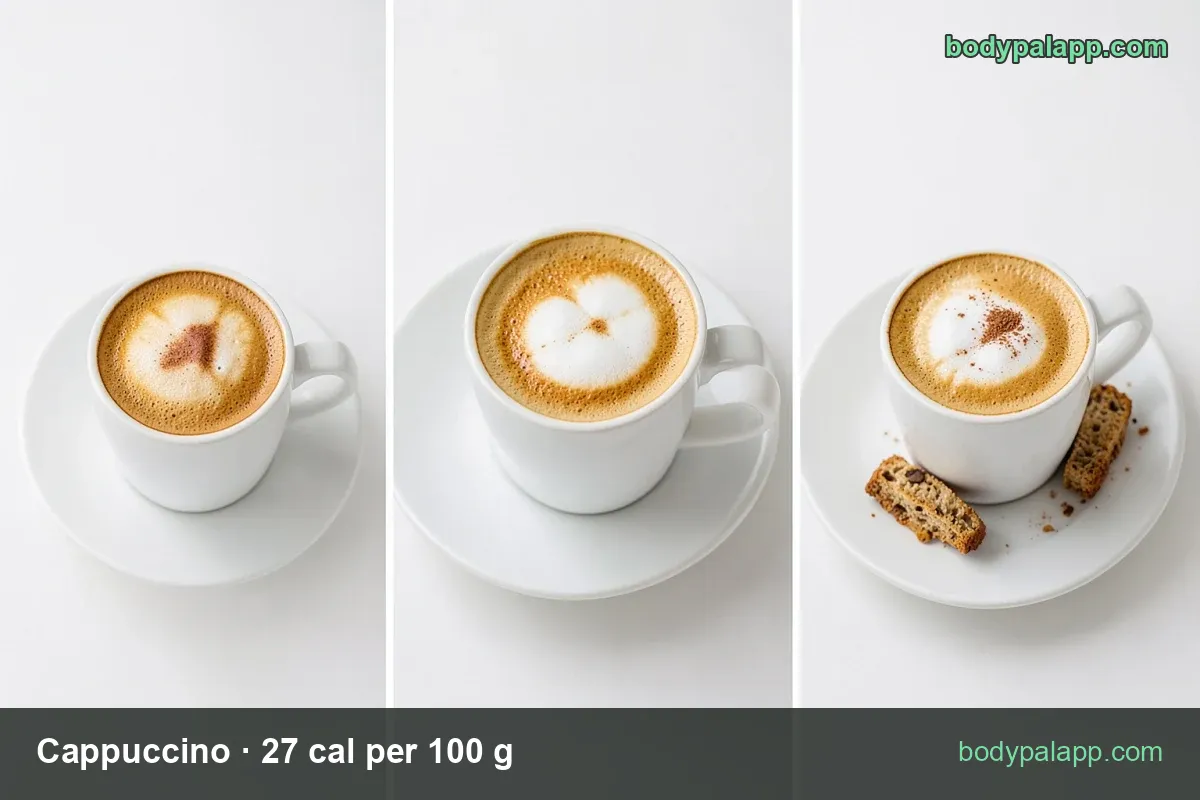 Cappuccino in a cup with serving labels: 1 cup 240 g 65 cal and 1 medium 480 g 130 cal
