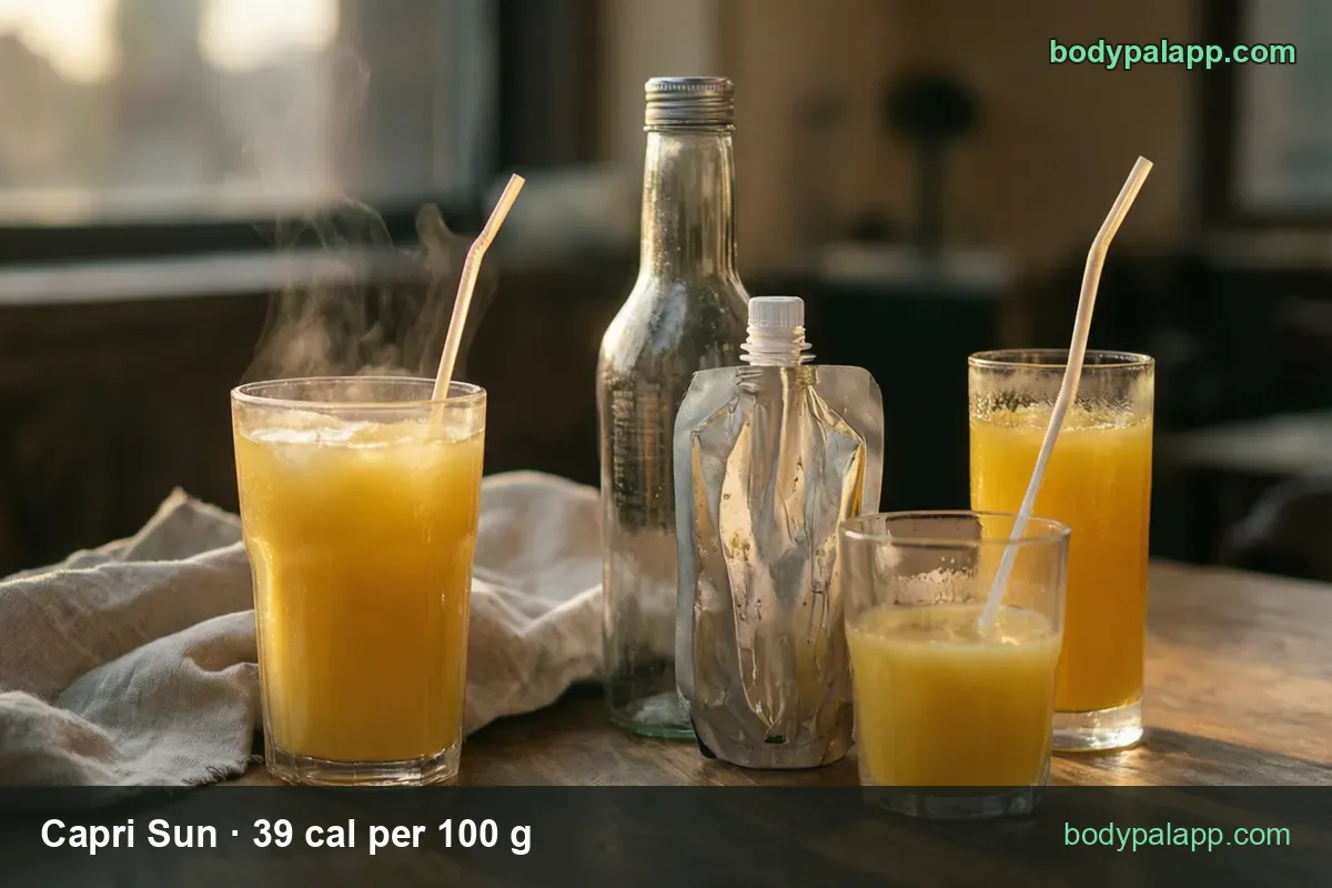 Two tall glasses of juice with straws, a small glass, an empty bottle and a silver pouch, with 186 g pouch 73 cal and 248 g 97 cal chips.