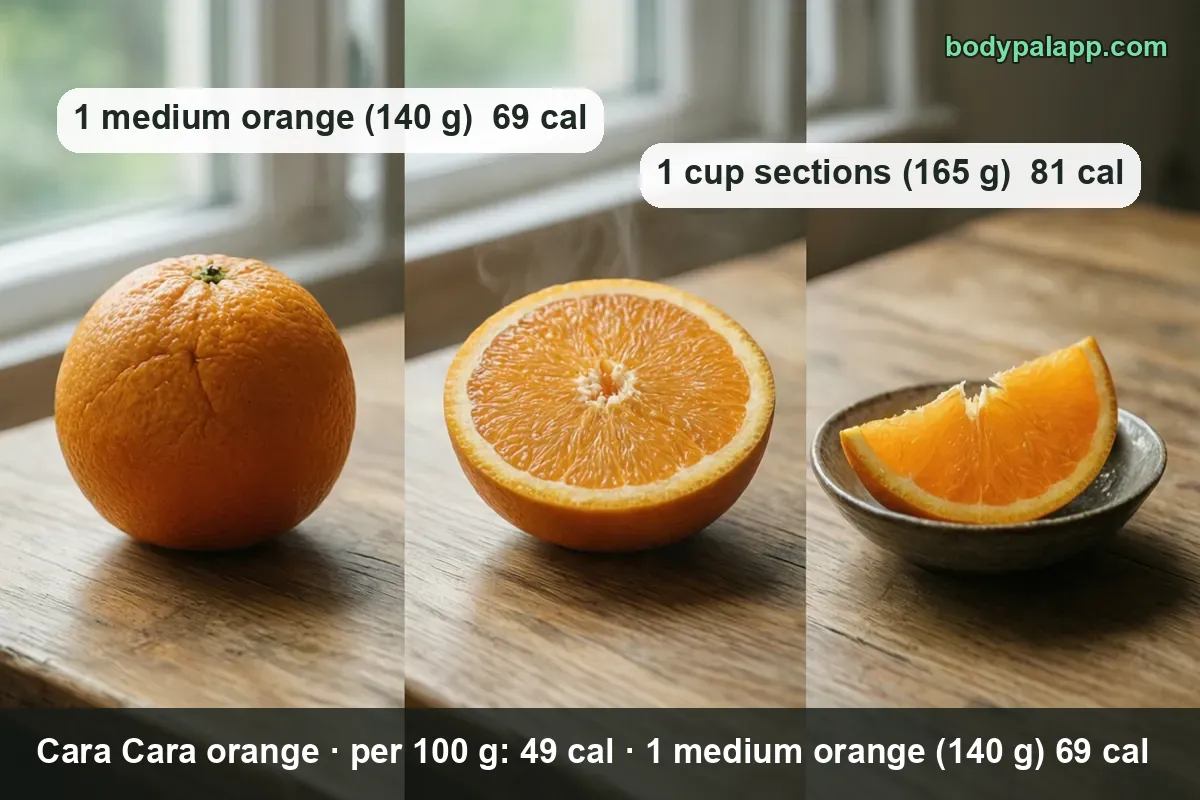 Whole Cara Cara orange, a halved one with orange flesh and a bowl with two segments, 1 medium 140 g 69 cal and 1 cup 165 g 81 cal