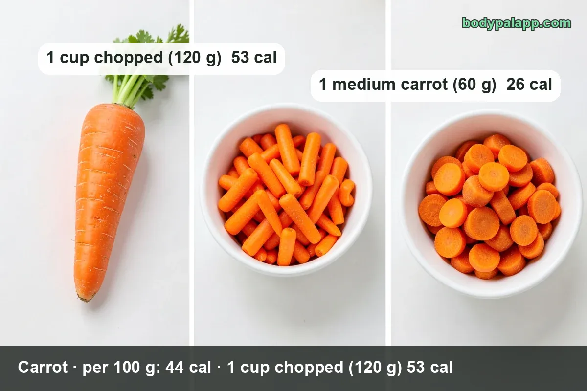 Glazed cooked carrots with two serving chips: 1 cup chopped (120 g) 53 cal and 1 medium carrot (60 g) 26 cal
