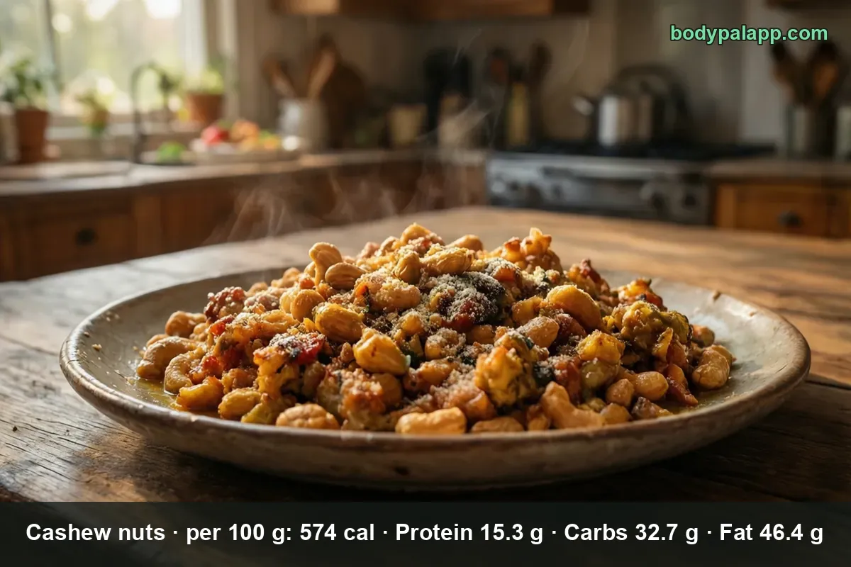 Cashew nuts cooked with vegetables and spices, topped with grated cheese, served on a plate