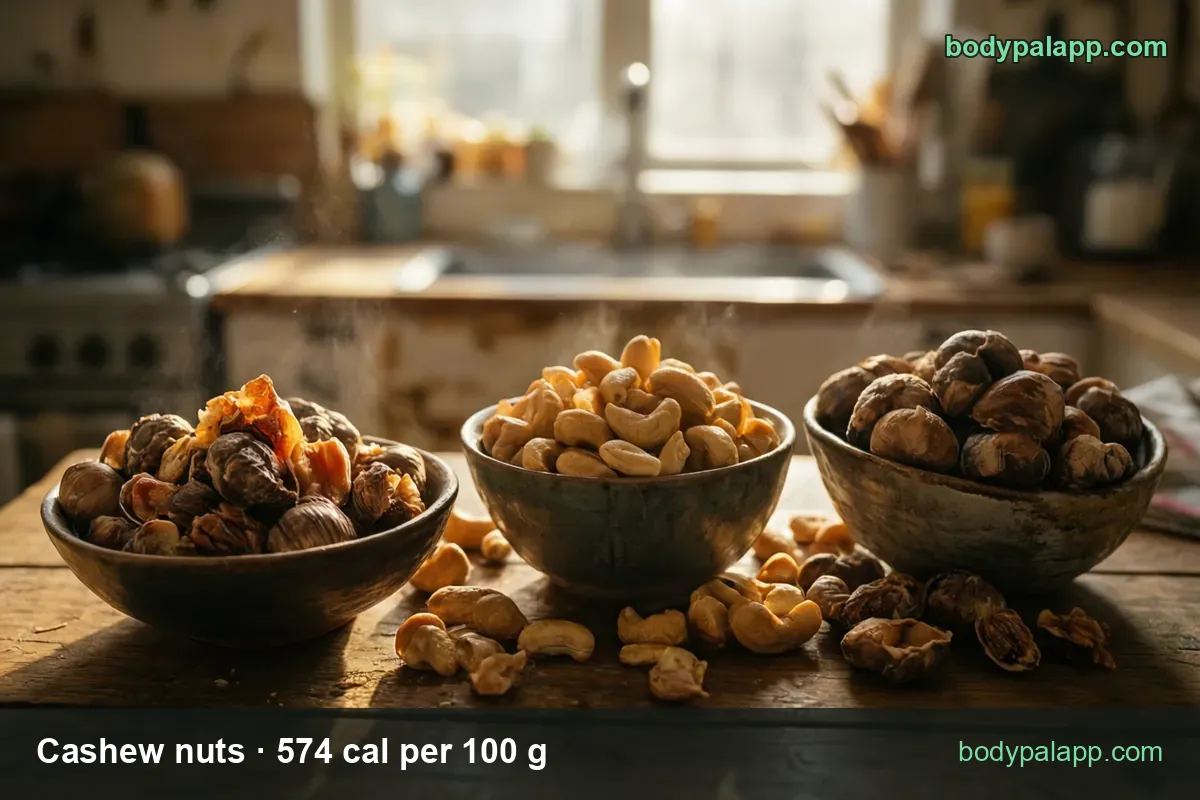 Three bowls of nuts with plain cashews in the middle and cashews scattered on the table, 1 oz 163 cal and 1/4 cup 197 cal