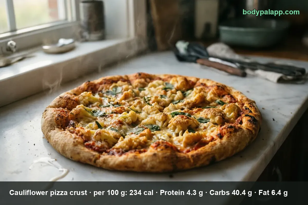 Whole cauliflower pizza with melted cheese and fresh basil on a marble counter