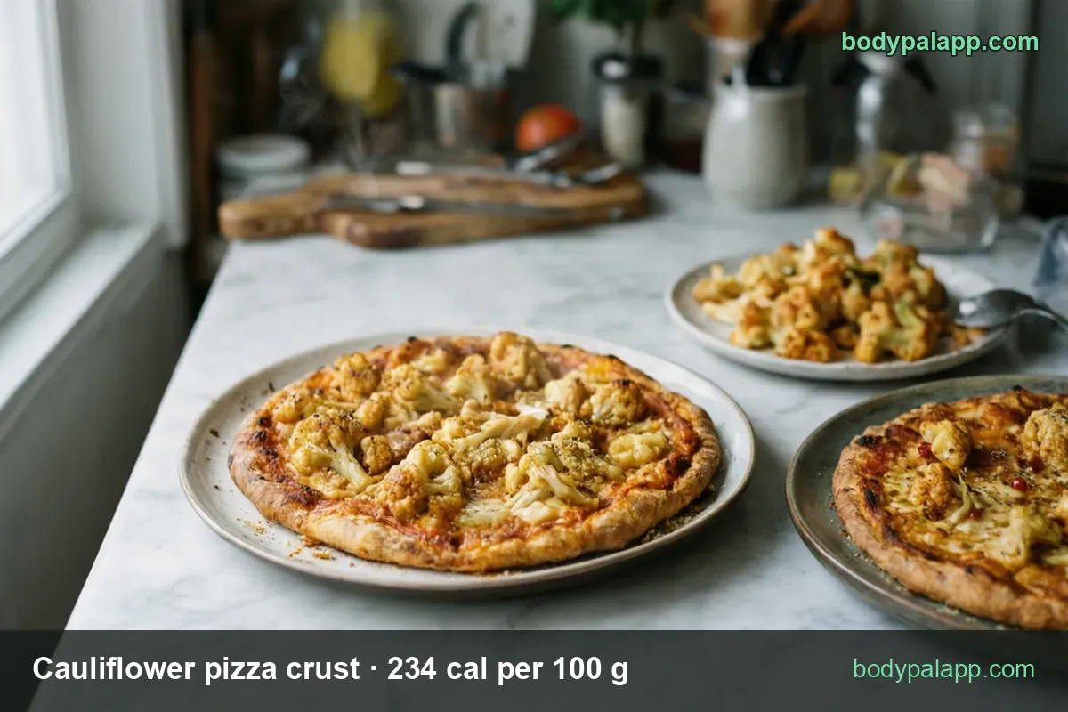 Two pizzas topped with roasted cauliflower florets, plate of florets behind; chips 1/3 crust 47 g 110 cal and 1 crust 141 g 330 cal