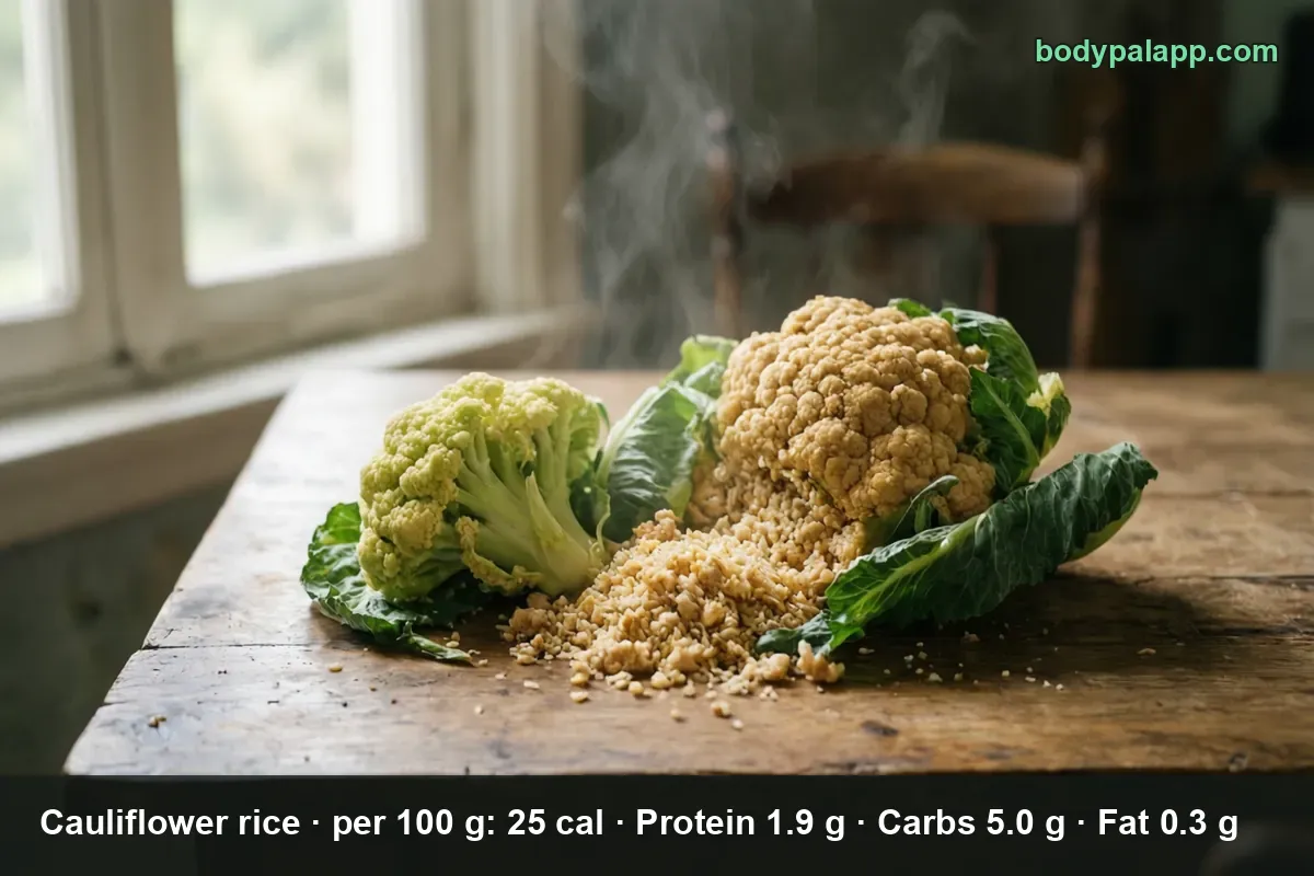 Raw cauliflower head, a roasted head with leaves and a pile of raw cauliflower rice on a wooden table