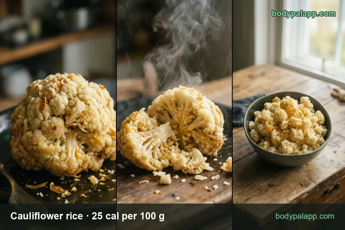 Three panels: whole roasted cauliflower head, broken roasted head, bowl of cooked cauliflower grains; 1 cup 21 cal, 1 head 147 cal