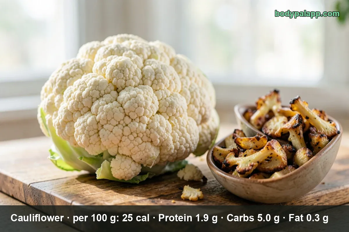 Raw white cauliflower head with florets, the cut used for the 25 calories per 100 g figure