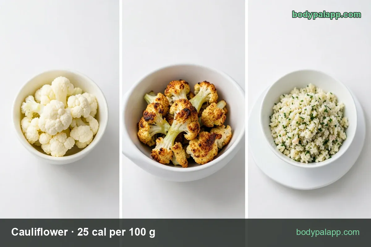 Raw cauliflower with two serving chips: 1 cup chopped (107 g) 27 cal and 1 head medium (588 g) 147 cal