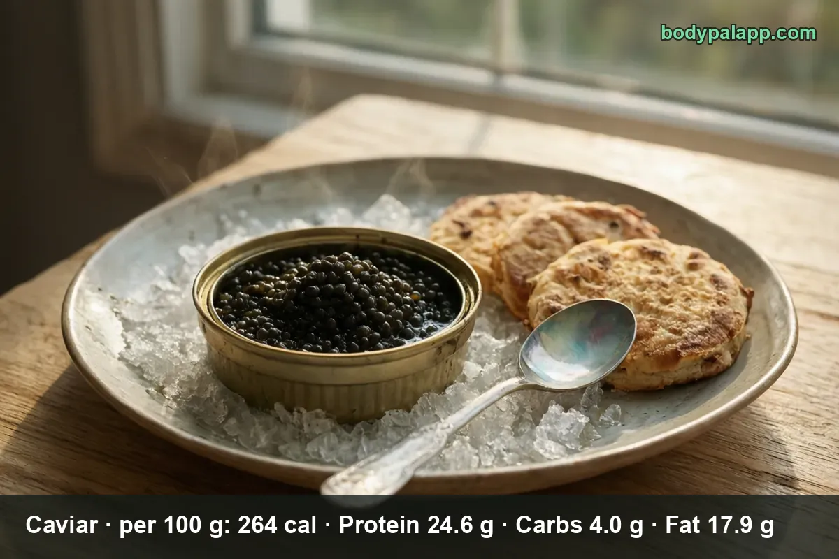 Open tin of black caviar on crushed ice in a dish with two blini and a small spoon
