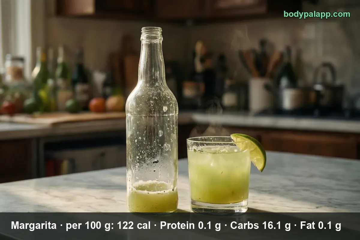 Empty clear unlabeled bottle next to a margarita glass with a salted rim and a lime wedge.