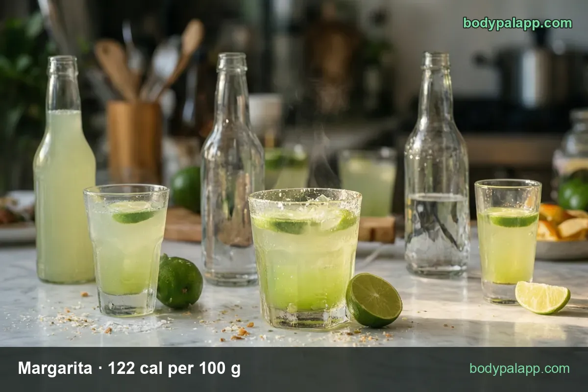Three unlabeled bottles of green margarita and three salt-rimmed glasses with lime; 1 glass 225 g and 12 fl oz bottle 360 g.