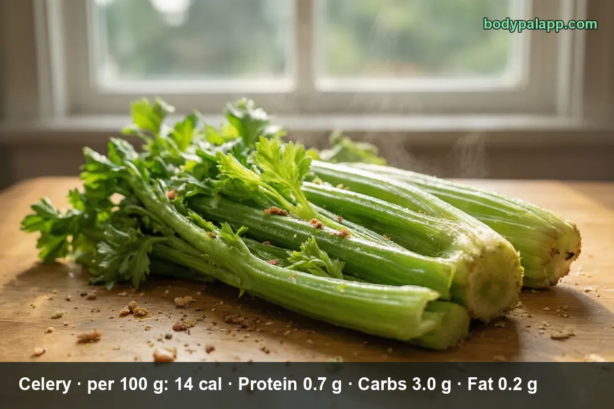Two whole celery bunches with leaves on a wooden board