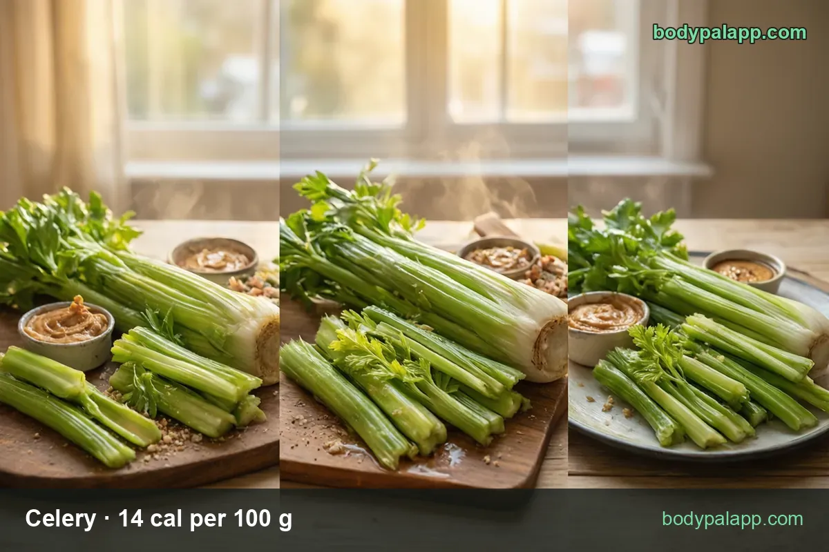 Celery bunch with leaves, cut stalks and a bowl of creamy dip; 1 stalk (40 g) 6 cal, 1 cup chopped (101 g) 14 cal