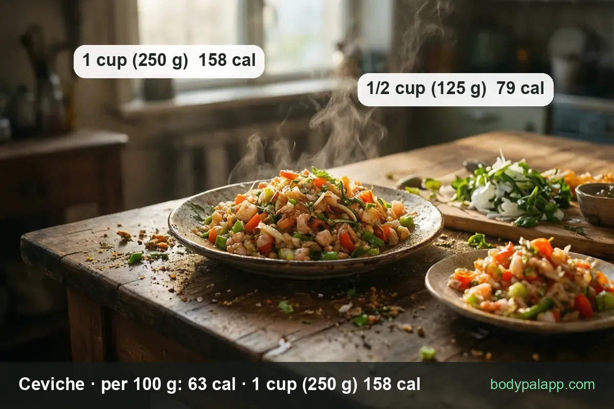 Two servings of ceviche, a large plate and a small dish, with onion on a board: 1 cup (250 g) 158 cal, 1/2 cup (125 g) 79 cal