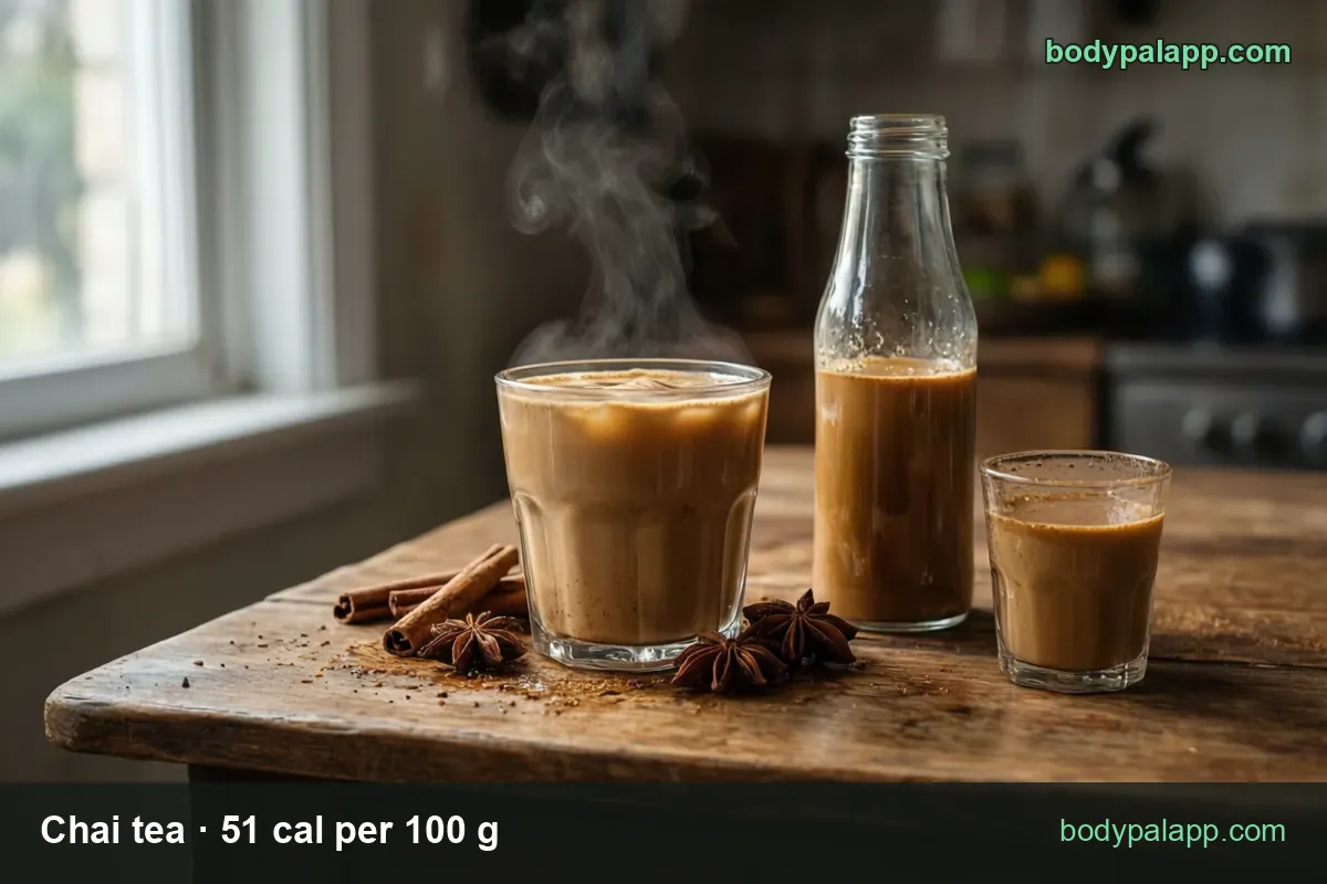 Large steaming chai latte, a clear bottle of chai and a small cup with cinnamon and star anise: 360 g and 240 g servings