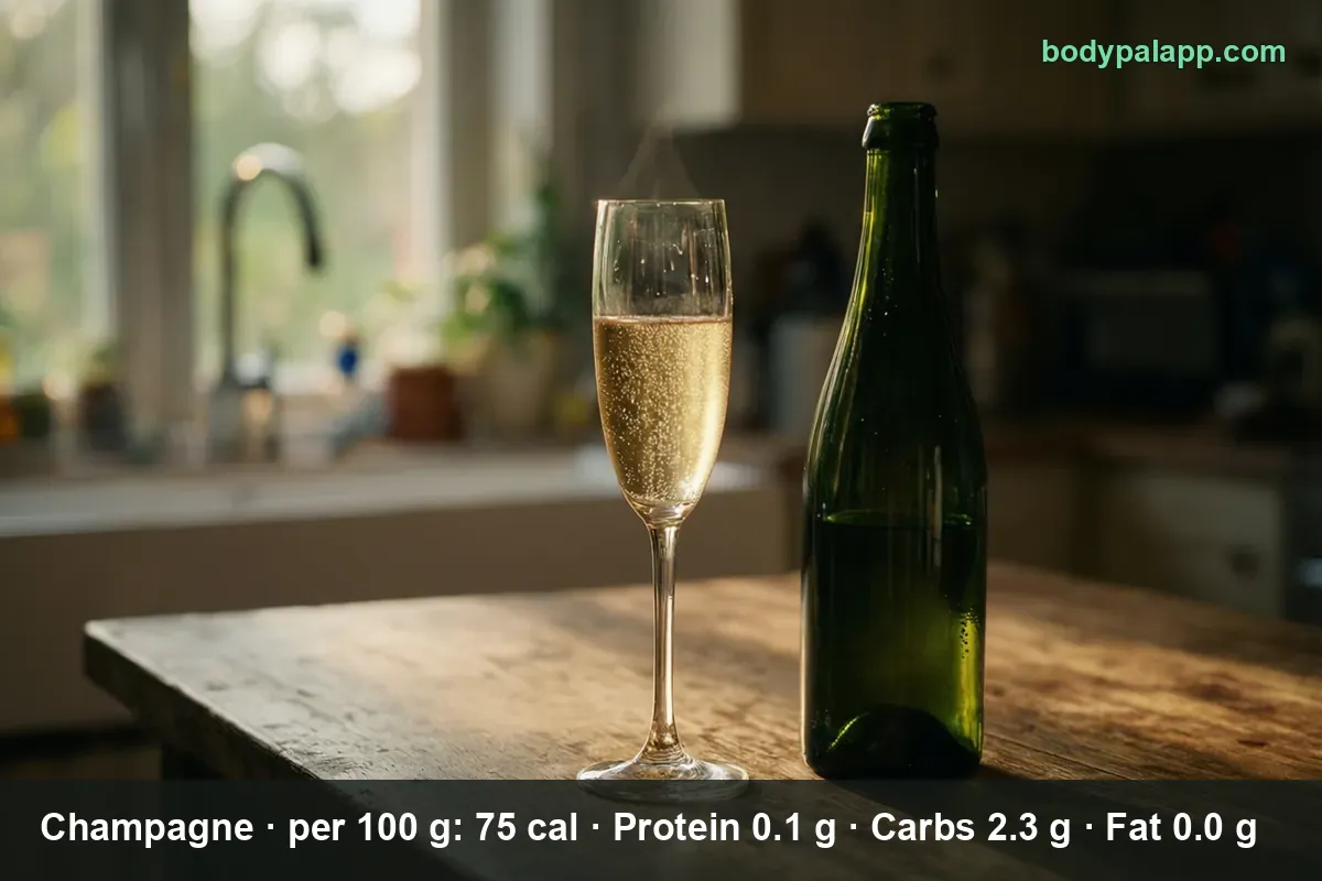 Champagne in a glass, 75 calories per 100 g and 135 calories in a 180 g glass
