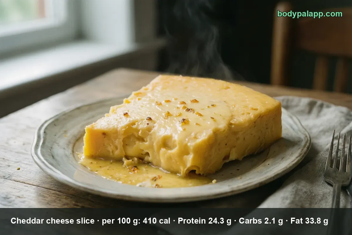 Thick baked cheddar slice with browned spots and melted cheese around it on a plate