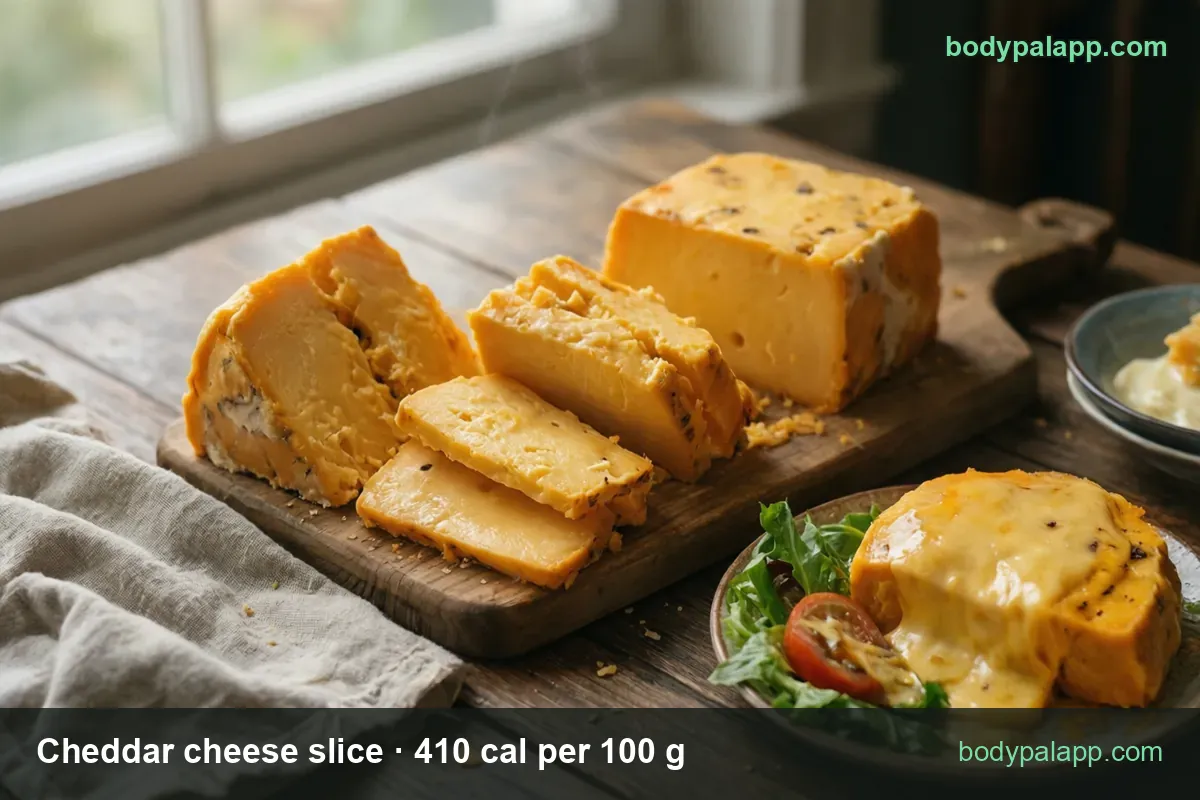 Cheddar block with thick cut slices on a wooden board and melted cheddar on toast; 1 slice 28 g 115 cal, 21 g slice 86 cal