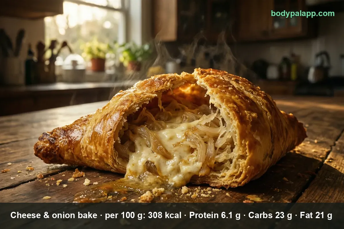 Golden cheese and onion pasty next to a Greggs-style bake - 436 to 542 calories