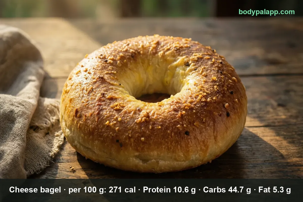 Whole cheese bagel with a crisp browned cheese crust, steam rising from the top
