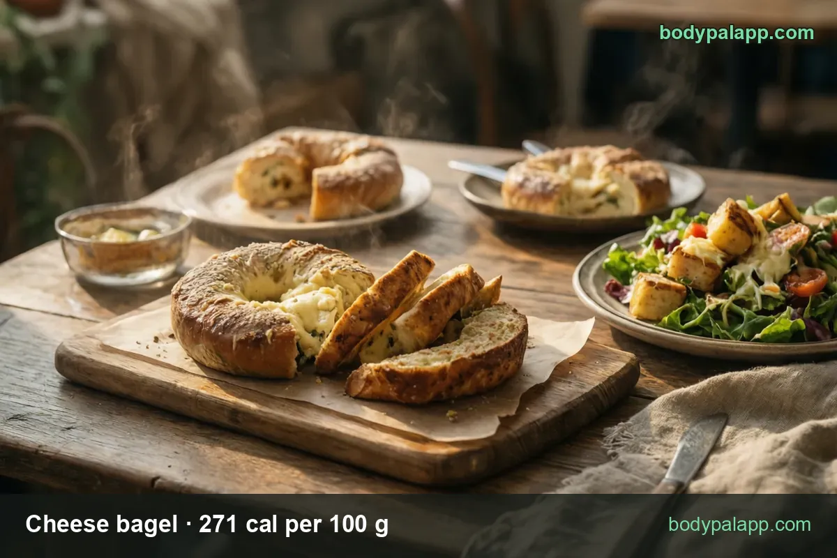 Cheese bagel cut into three wedges on parchment, more bagels and a salad behind; chips: 1 bagel 230 cal, 1 wedge 76 cal