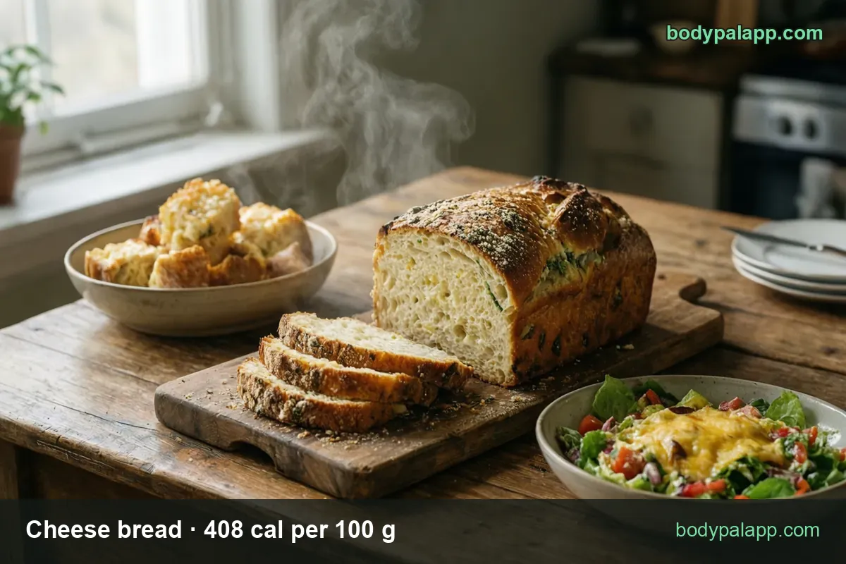 Cheese bread loaf with three cut slices, a bowl of torn pieces; 43 g slice 175 cal, 28 g slice 114 cal
