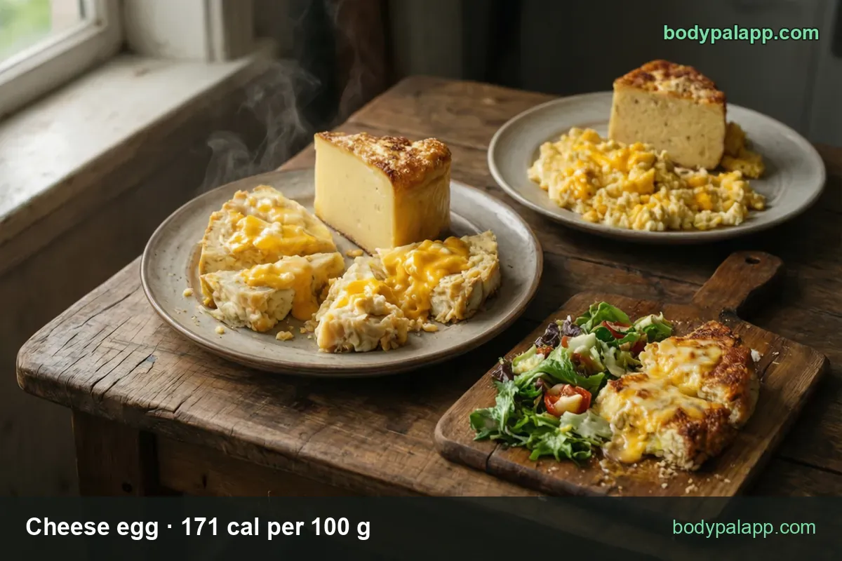 Two plates of cheesy scrambled eggs with baked egg wedges and a salad board; 1 cup (135 g) 231 cal, 1 egg (60 g) 103 cal