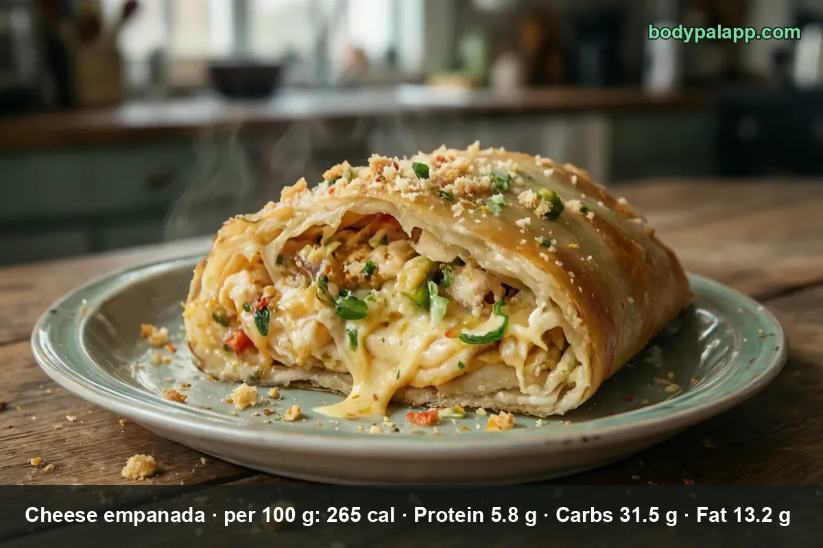 Large oblong baked cheese empanada roll cut open to show the melted cheese filling