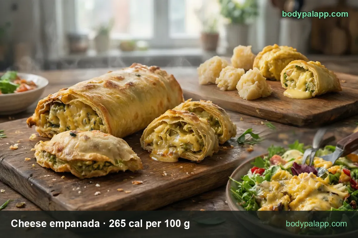 Board with a whole oblong cheese empanada, a crimped half-moon and a cut piece with melting cheese; 130 g and 35 g servings
