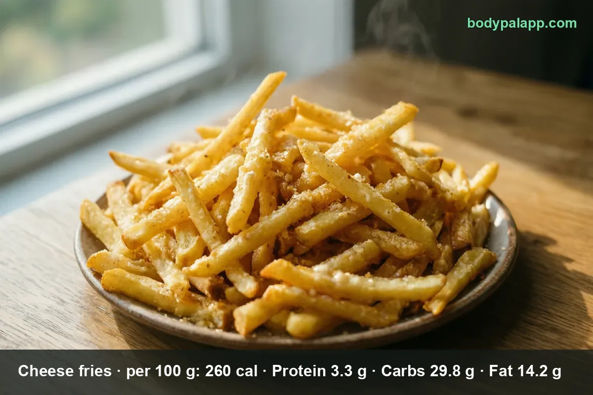 Plate of french fries topped with grated dry cheese, no cheese sauce