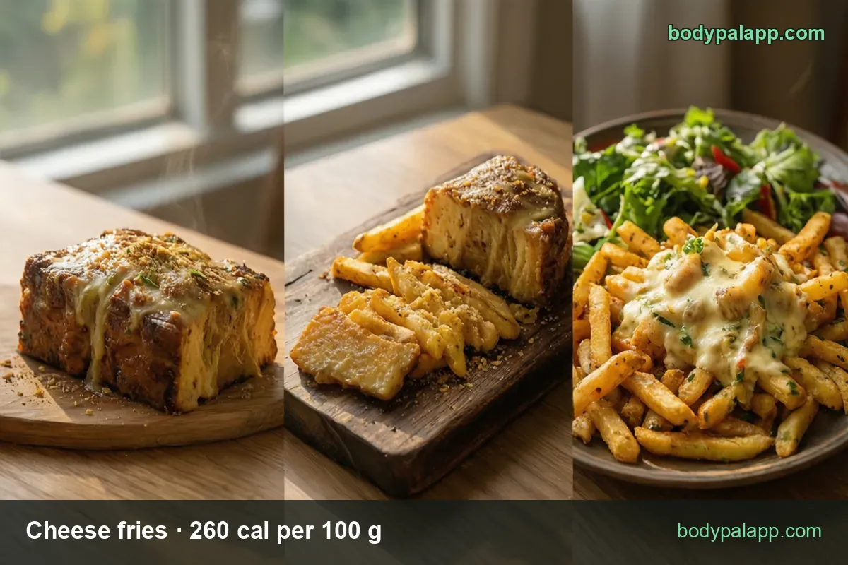 Cheese fries panels: fries with melted cheese and a baked cheese block; 1 medium order 222 g 577 cal, 1 cup 92 g 239 cal