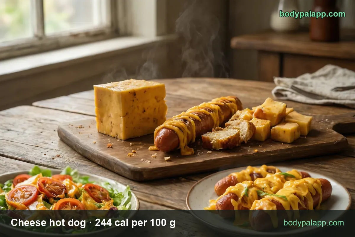 Cheddar block, a cheese-topped hot dog, cheese cubes and a plate of three cheese dogs; chips show 1 link 45 g and 3 links 135 g.