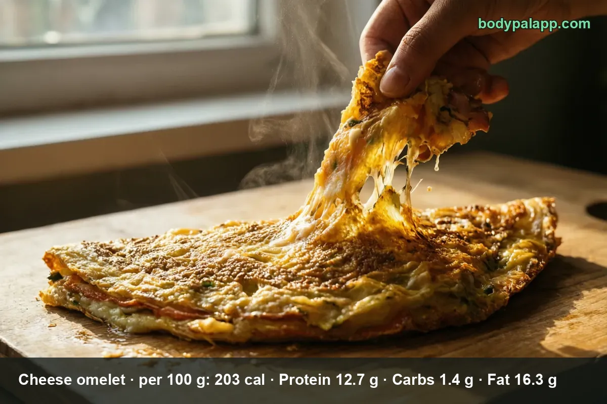Flat cheese omelet on a wooden board with a hand lifting a piece of stretching melted cheese and steam rising