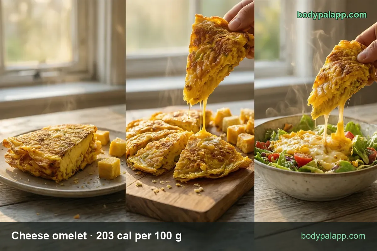 Cheese omelet wedges on a plate and board with a salad bowl; chips read 2-egg omelet 130 g 264 cal and 1 egg 65 g 132 cal