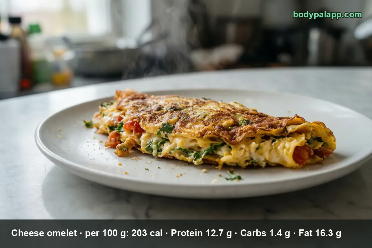 Folded cheese omelet with melted cheese, spinach and tomato on a white plate
