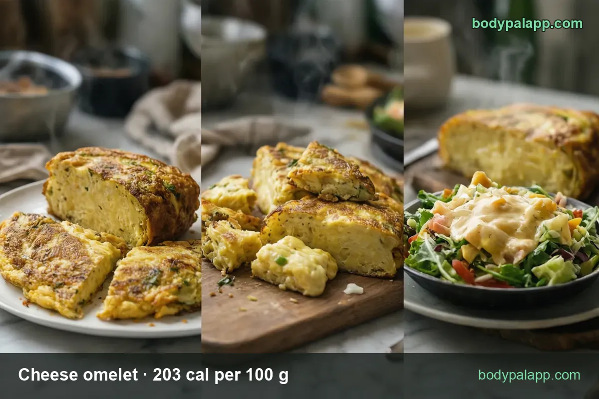 Cheese omelet portions: omelet block with two cut pieces, four pieces on a board, salad bowl with omelet, 130 g and 65 g chips