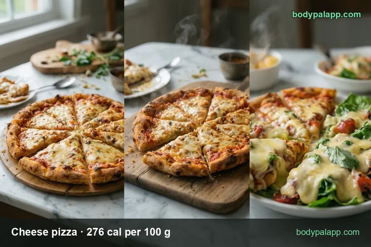 Cheese pizza cut into 8 slices on a board and a plate with 2 slices and salad; 1 slice 112 g and 2 slices 224 g.