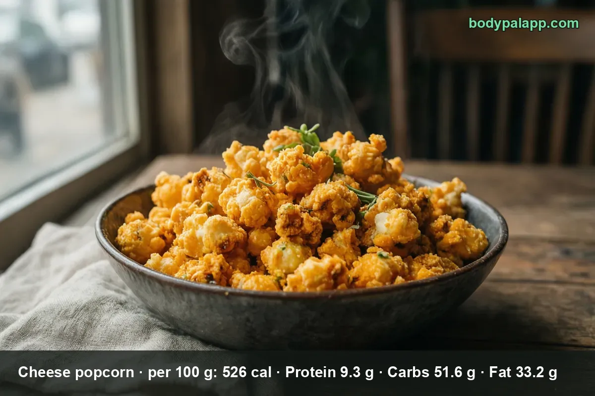 Bowl of orange cheese popcorn with steam rising and green herb sprigs on top
