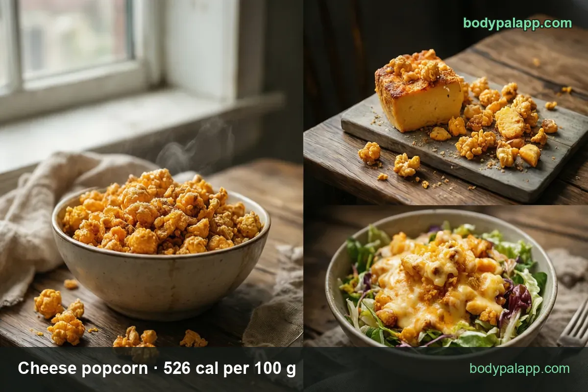 Three panels: cheese popcorn bowl, board with cheese and popcorn piles, bowl with melted cheese; 1 cup (14 g) 74 cal, bag (28 g) 147 cal