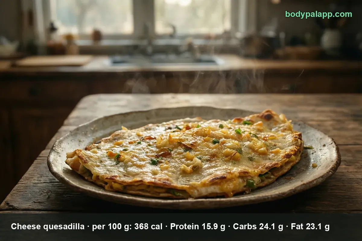 Cheese quesadilla, one 8-10 inch quesadilla (194 g) with 714 calories