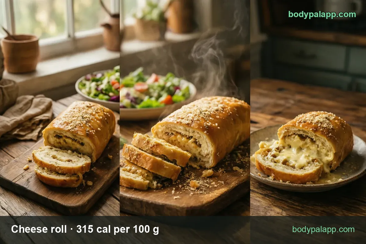 Cheese roll on a board with two to three cut slices and salad behind, labeled 1 roll 41 g 129 cal and 2 rolls 82 g 258 cal.