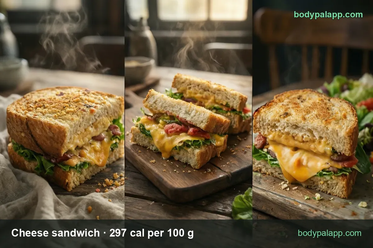 Toasted cheese sandwich cut in halves on a board, oozing cheese with lettuce and bacon, labeled 1 sandwich 102 g 303 cal and half 51 g 151 cal
